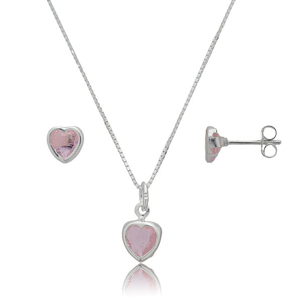 Conjunto Coração Embutido 6mm - Rosa - Prata 925