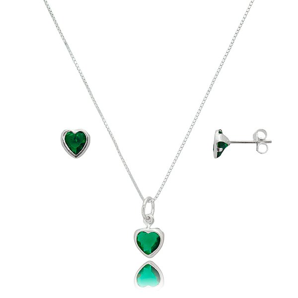 Conjunto Coração Embutido 6mm - Verde Esmeralda - Prata 925