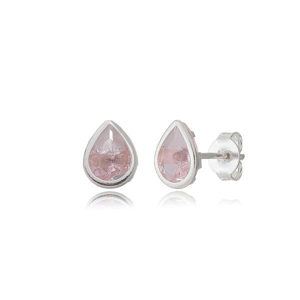 Brinco Gota Embutido 6x8 - Rosa - Prata 925 (Contém 12 Pares)