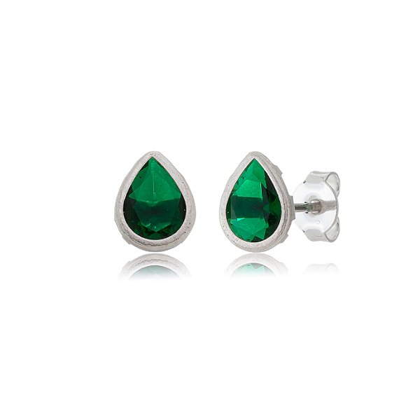 Brinco Gota Embutido 6x8 - Verde Esmeralda - Prata 925 (Contém 12 Pares)