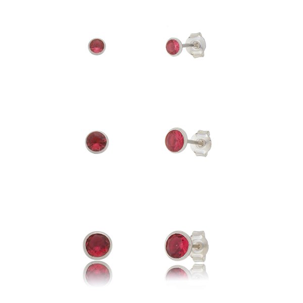 Trios de brincos zircônia Embutido 3/4/5mm - Cereja - Prata 925 (Contém 5 Trios)