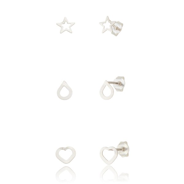Trios de brincos Vazados - Estrela, Gota, Coração - Prata 925 (Contém 5 Trios)