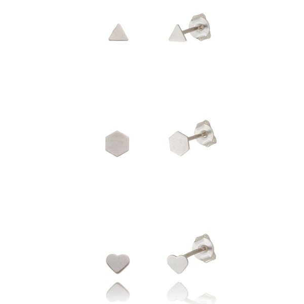 Trios de brincos estampados - Triângulo, Sextavado, Coração - Prata 925 (Contém 5 Trios)