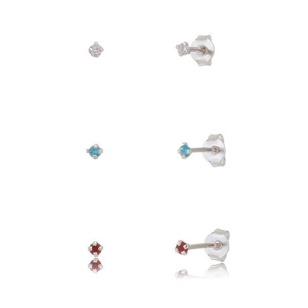 Trios de brincos zircônia 2mm - Cristal/Azul Céu/Vermelho - Prata 925 (Contém 5 Trios)