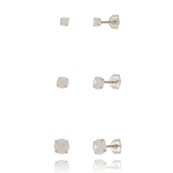 Trios de brincos zircônia Redondo - Branco Leitoso - 3/4/5mm - Prata 925 (Contém 5 Trios)