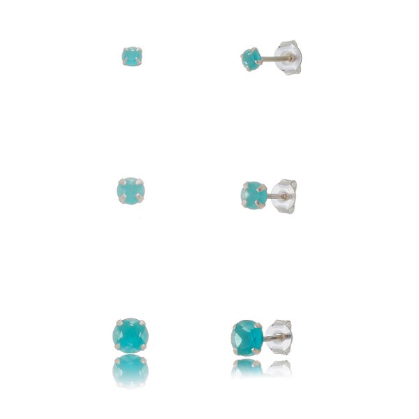 Trios de brincos zircônia Redondo - Verde Leitoso - 3/4/5mm - Prata 925 (Contém 5 Trios)