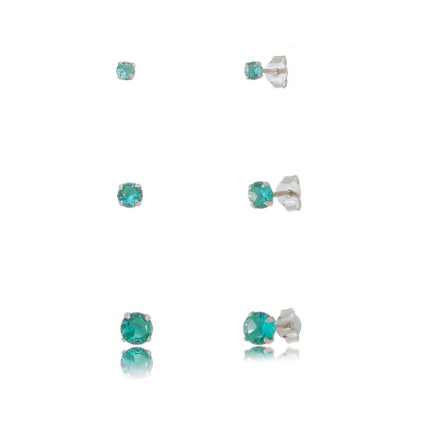 Trios de brincos zircônia Redondo - Verde Mar - 3/4/5mm - Prata 925 (Contém 5 Trios)