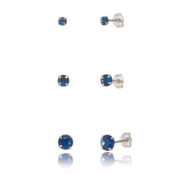Trios de brincos zircônia Redondo - Azul Royal - 3/4/5mm - Prata 925 (Contém 5 Trios)