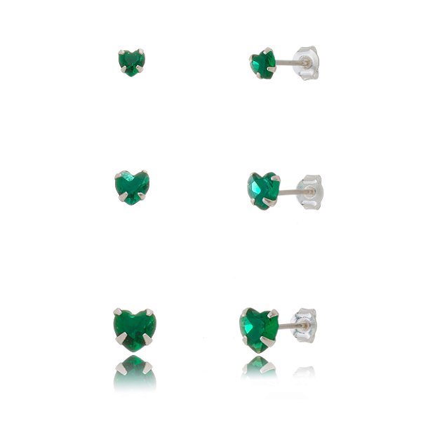 Trios de brincos zircônia Coração 4/5/6x6 - Verde Esmeralda - Prata 925 (Contém 5 Trios)