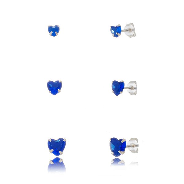 Trios de brincos zircônia Coração 4/5/6x6 - Azul Caneta - Prata 925 (Contém 5 Trios)