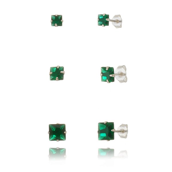 Trios de brincos zircônia Quadrado 4/5/6x6 - Verde Esmeralda - Prata 925 (Contém 5 Trios)