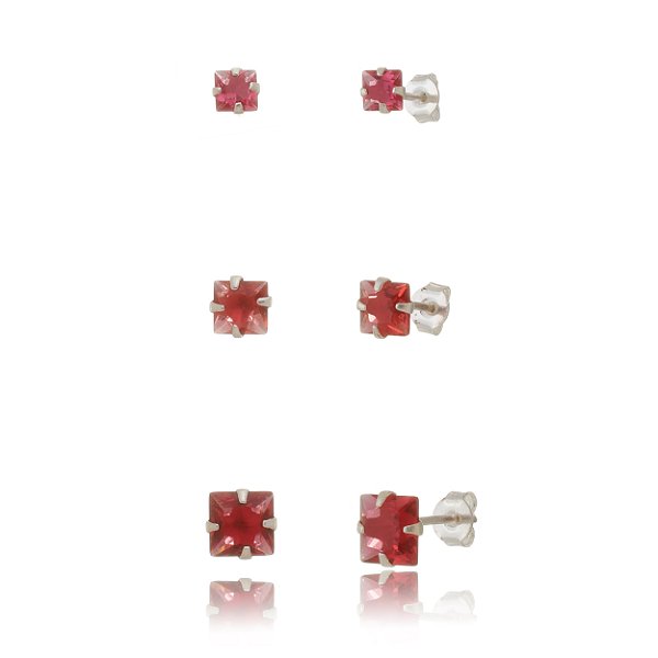 Trios de brincos zircônia Quadrado 4/5/6x6 - Cereja - Prata 925 (Contém 5 Trios)