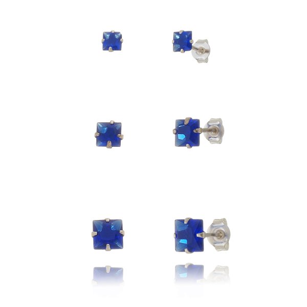 Trios de brincos zircônia Quadrado 4/5/6x6 - Azul Caneta - Prata 925 (Contém 5 Trios)
