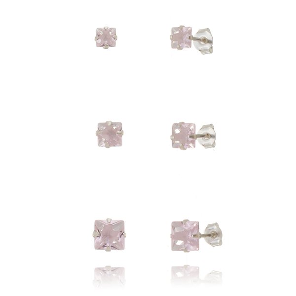 Trios de brincos zircônia Quadrado 4/5/6x6 - Rosa - Prata 925 (Contém 5 Trios)