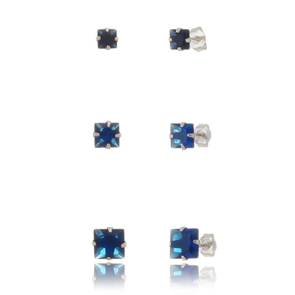 Trios de brincos zircônia Quadrado 4/5/6x6 - Azul Royal - Prata 925 (Contém 5 Trios)