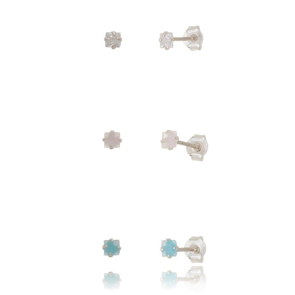 Trio de brincos Quadrado 3x3 - Azul/Rosa/Cristal (Leitoso) - Prata 925 (Contém 5 Trios)