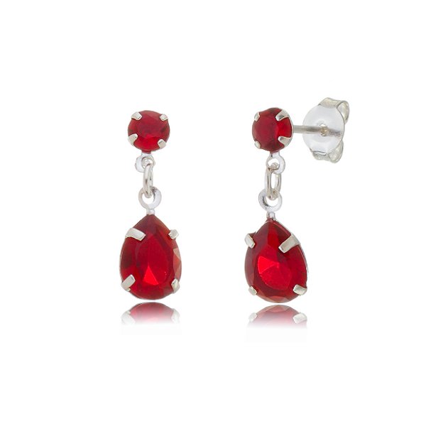 Cartela de brincos zircônia Gota Garra com Redondo 4mm - Vermelho - Prata 925 (Contém 12 Pares)