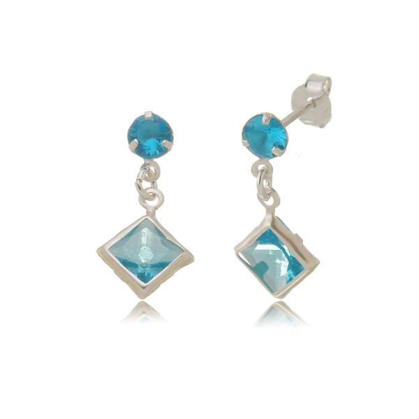 Cartela de Brincos Redondo 4mm com Quadrado 6x6 - Azul Céu - Prata 925 (Contém 12 Pares)