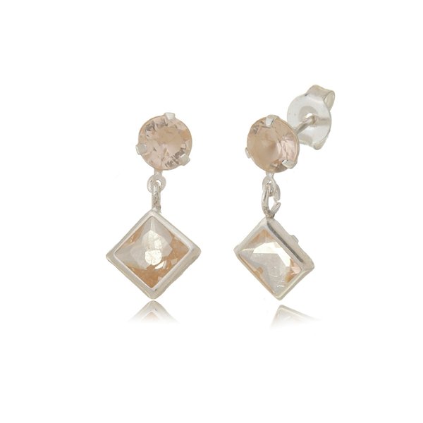 Cartela de Brincos Redondo 4mm com Quadrado 6x6 - Salmão- Prata 925 (Contém 12 Pares)