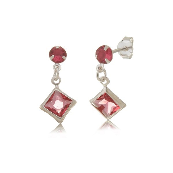 Cartela de Brincos Redondo 4mm com Quadrado 6x6 - Cereja - Prata 925 (Contém 12 Pares)