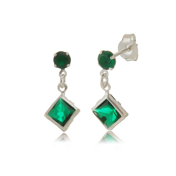 Cartela de Brincos Redondo 4mm com Quadrado 6x6 - Verde Esmeralda - Prata 925 (Contém 12 Pares)