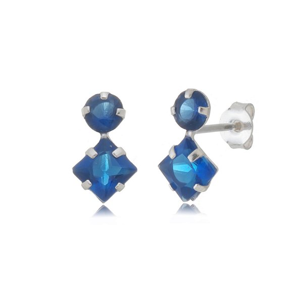 Cartela de brincos zircônia Redondo 4mm e Quadrado 5x5 - Azul Royal - Prata 925 (Contém 12 Pares)