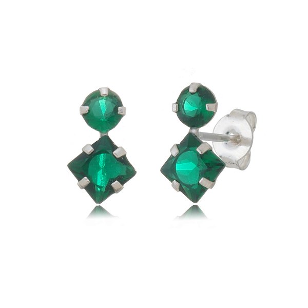 Cartela de brincos zircônia Redondo 4mm e Quadrado 5x5 - Verde Esmeralda - Prata 925 (Contém 12 Pares)