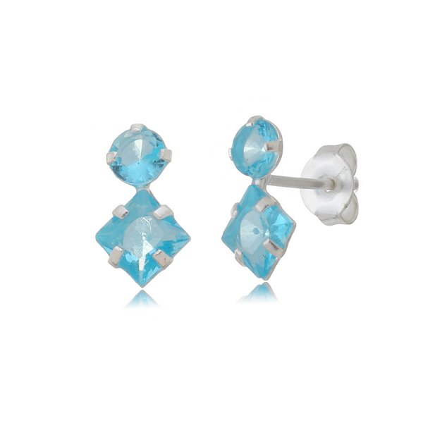 Cartela de brincos zircônia Redondo 4mm e Quadrado 5x5 - Azul Céu - Prata 925 (Contém 12 Pares)