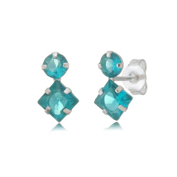 Cartela de brincos zircônia Redondo 4mm e Quadrado 5x5 - Verde Mar - Prata 925 (Contém 12 Pares)