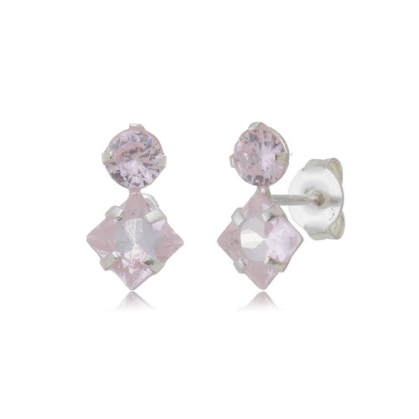 Cartela de brincos zircônia Redondo 4mm e Quadrado 5x5 - Rosa - Prata 925 (Contém 12 Pares)