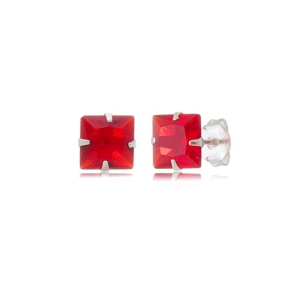 Cartela de Brincos Quadrado 8x8 - Vermelho - Prata 925 (Contém 12 Pares)