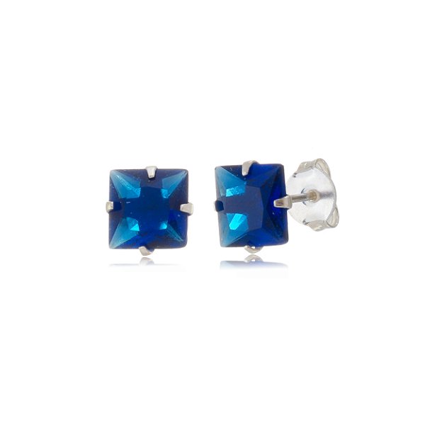 Cartela de brincos zircônia quadrado 6x6 - Azul Royal - Prata 925 (Contém 12 Pares)