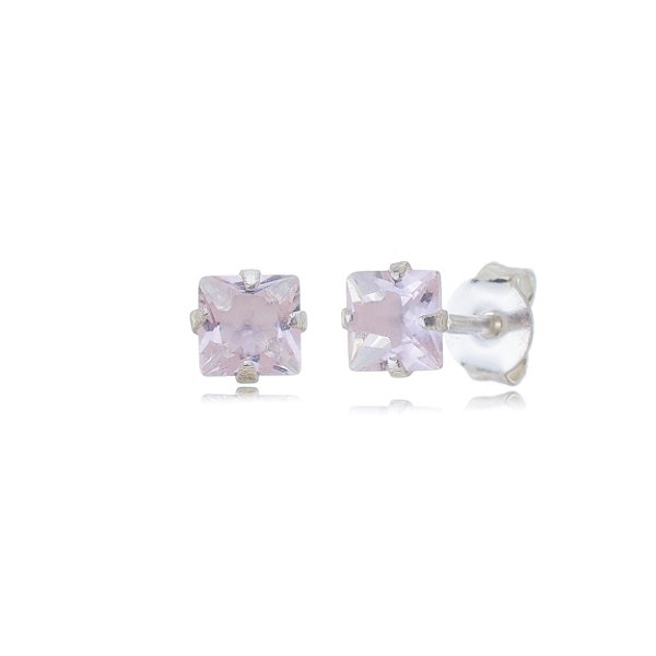 Cartela de brincos zircônia quadrado 4x4 - Rosa - Prata 925 (Contém 12 Pares)