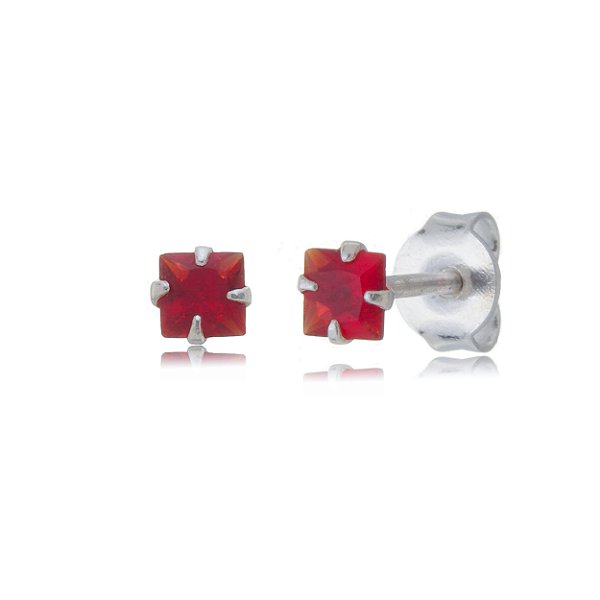 Cartela de brincos zircônia quadrado 3x3 - Vermelho - Prata 925 (Contém 12 Pares)