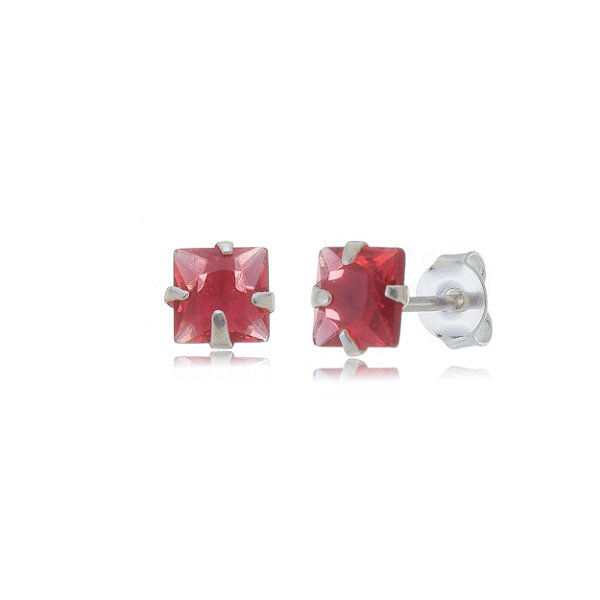 Cartela de brincos zircônia quadrado 5x5 - Cereja - Prata 925 (Contém 12 Pares)