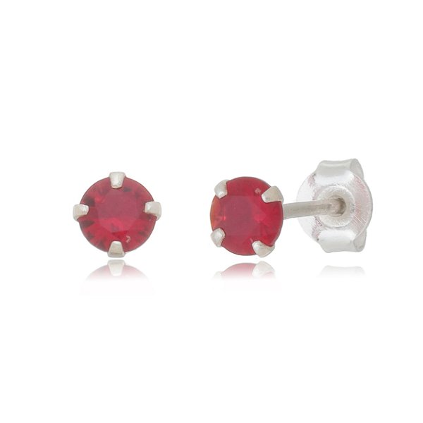 Cartela de brincos zircônia redondo 4mm - Vermelho - Prata 925 (Contém 12 Pares)