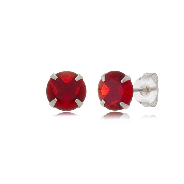 Cartela de brincos zircônia redondo 7mm - Vermelho - Prata 925 (Contém 12 Pares)