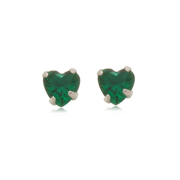 Cartela de brincos zircônia Coração 4x4 - Verde Esmeralda - Prata 925 (Contém 12 Pares)