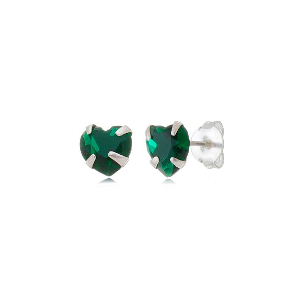 Cartela de brincos zircônia Coração 4x4 - Verde Esmeralda - Prata 925 (Contém 12 Pares)
