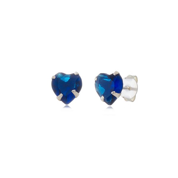 Cartela de brincos zircônia Coração 5x5 - Azul Royal - Prata 925 (Contém 12 Pares)