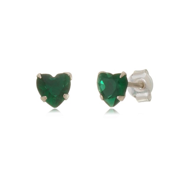 Cartela de brincos zircônia Coração 6x6 - Verde Esmeralda - Prata 925 (Contém 12 Pares)