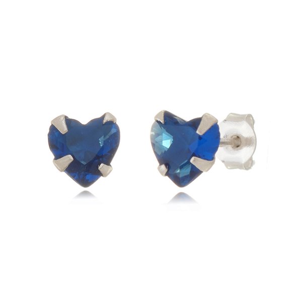 Cartela de brincos zircônia Coração 8x8 - Azul Royal - Prata 925 (Contém 12 Pares)