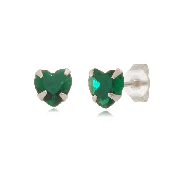 Cartela de brincos zircônia Coração 8x8 - Verde Esmeralda - Prata 925 (Contém 12 Pares)