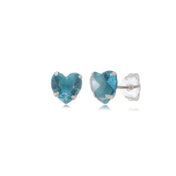 Cartela de brincos zircônia Coração 8x8 - Azul Bebê - Prata 925 (Contém 12 Pares)