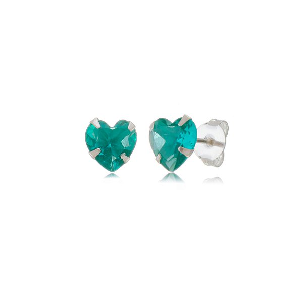 Cartela de brincos zircônia Coração 8x8 - Verde Mar - Prata 925 (Contém 12 Pares)