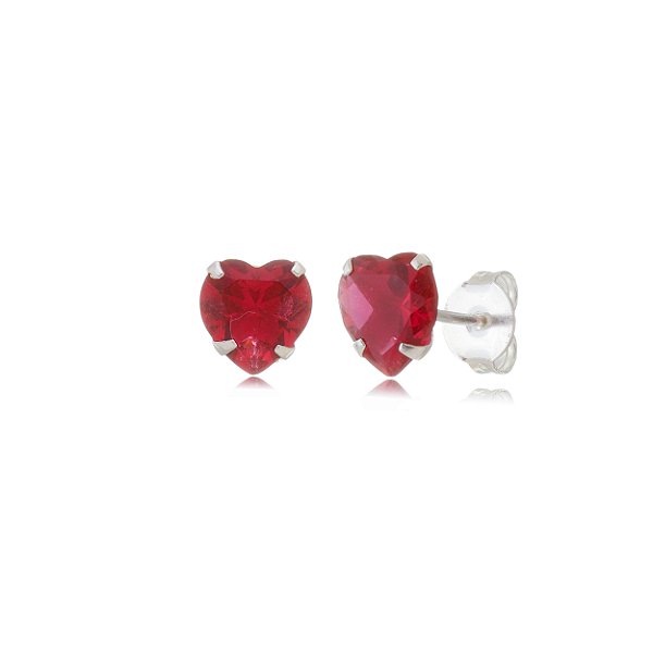 Cartela de brincos zircônia Coração 10x10 - Vermelho - Prata 925 (Contém 12 Pares)