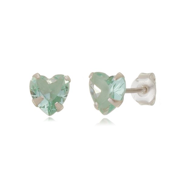Cartela de brincos zircônia Coração 10x10 - Verde Paraíba - Prata 925 (Contém 12 Pares)
