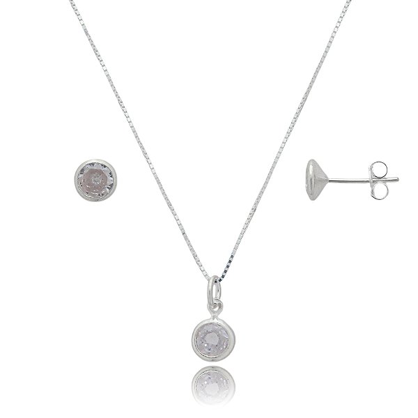 Conjunto Redondo Embutido 6mm - Cristal- Prata 925