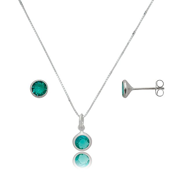 Conjunto Redondo Embutido 6mm - Verde Mar - Prata 925