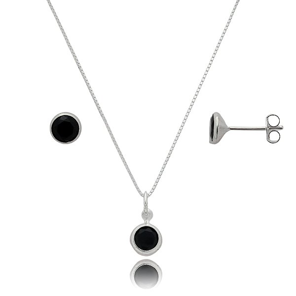 Conjunto Redondo Embutido 6mm - Preto - Prata 925